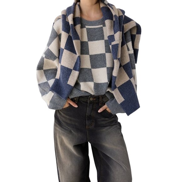 NWOT Oak + Fort Checkered Crew Neck Sweater - Picture 1 of 6